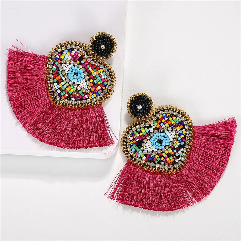 Ethnic Beaded Heart Eye shape Tassel Statement Earrings Jewelry Bohemian Vintage Chic Birthday Gift Drop Earring for Women