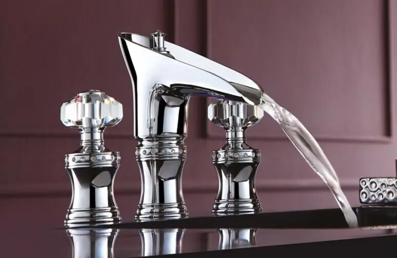 

ROMAN SINK FAUCET BATHROOM MIXER TAP Widespread Basin Lavatory sink Faucet Waterfall chrome Mixer Tap crystal handles New