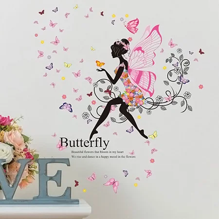 Крылья девушка обои бабочка съемный водостойкий из ПВХ стикер на стену для детей комнаты Фея Девушка Спальня Декор домашний Цветочный декор