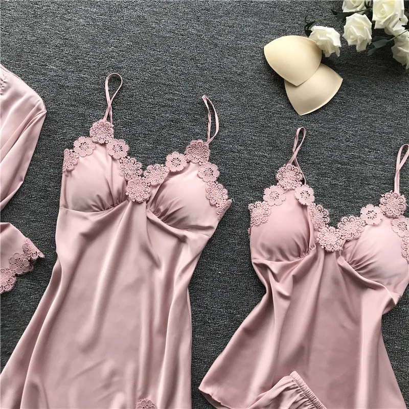 Female Flower 4PCS Kimono Robe Bathrobe Gown Sleepwear Sexy Lace Intimate Lingerie Home Clothes Summer Casual Nightwear With Bra