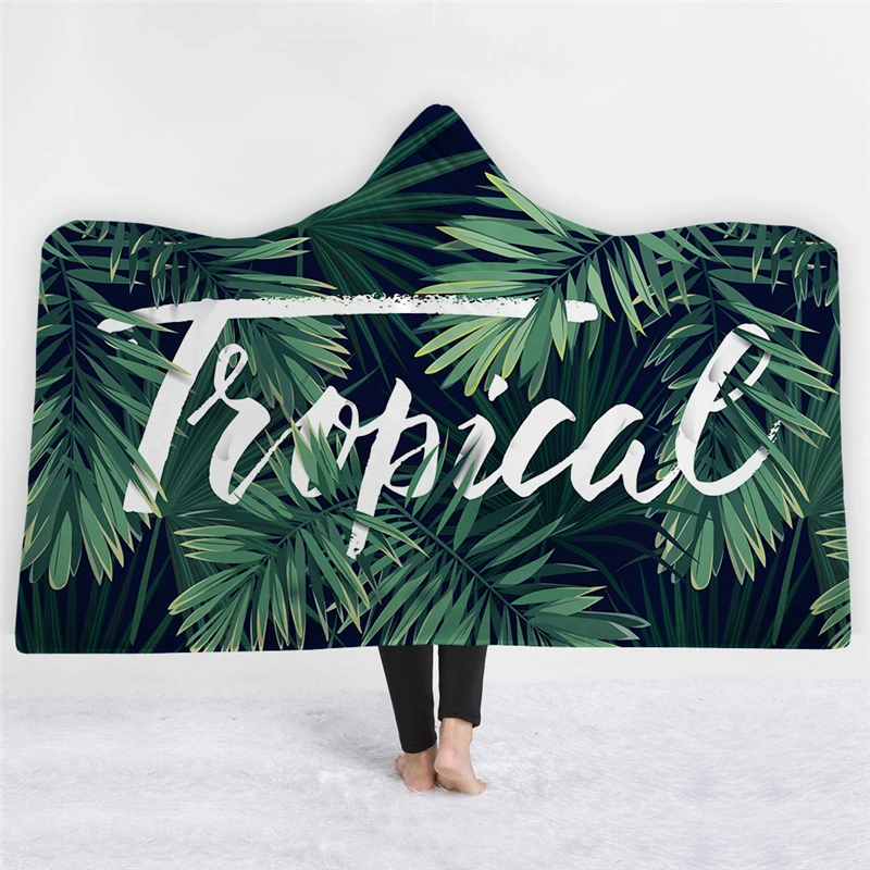 

Tropical Plants Flamingo Printed Kid Hooded Blanket for Adults Warm Wearable Fleece Woman Soft Throw Blanket Microfiber Sofa