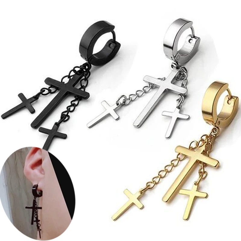 Серьги гвоздики Huggie с кисточками и крестом из нержавеющей стали 2