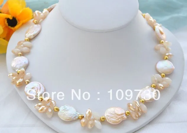 

Jewelry 002050 22mm pink COIN FRESHWATER PEARL faceted crystal NECKLACE 19inch