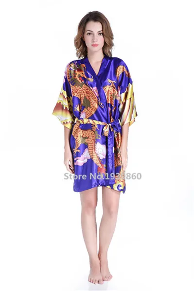 Китайский стиль, атласная летняя Пижама, халат с рисунком драконов, винтажный животный узор, женское платье выше колена, кимоно, один размер, SG061 - Цвет: Royal Blue