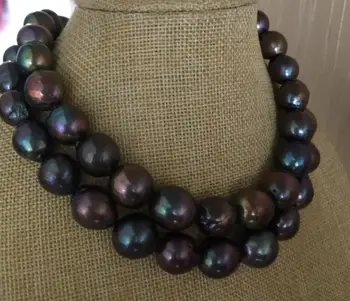 

2 rows 14-15mm tahitian black green baroque pearl necklace 18""