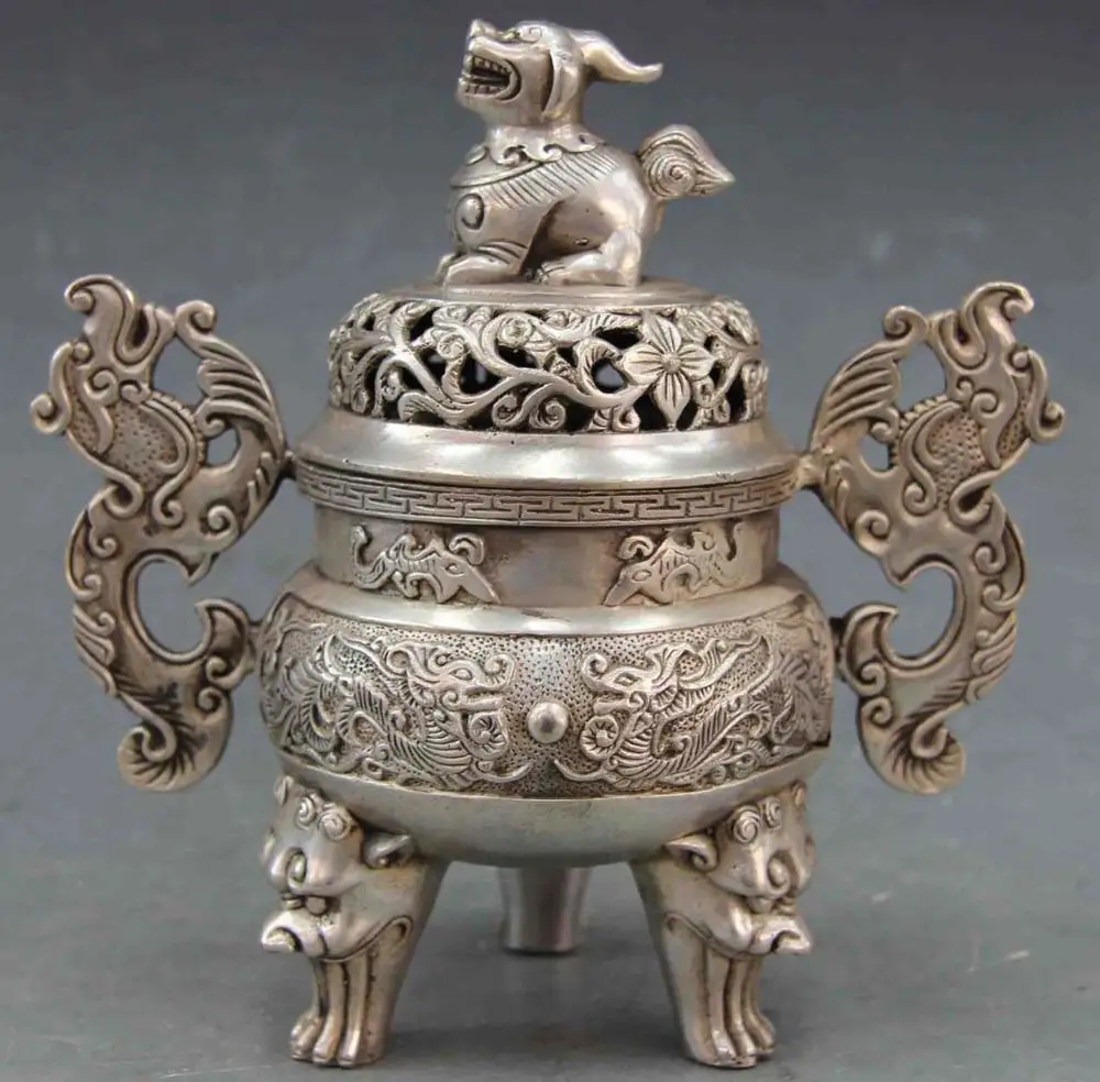 

7.5 Chinese White Copper Silver Two Dragon Ear Foo Dog Lion Censer incense burne