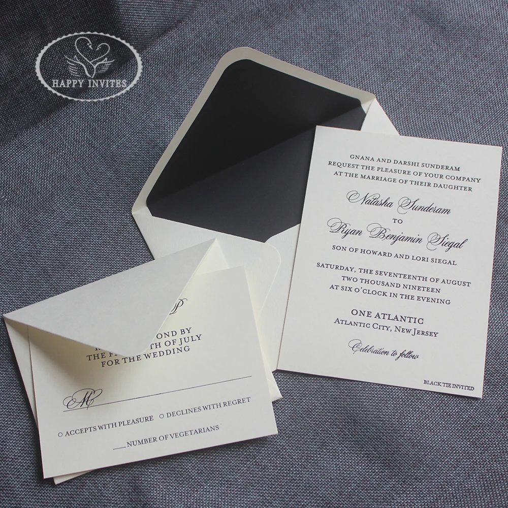 

Free Shipping for some Countries/areas!HI1155 Custom Ivory Invitation Card Cotton Paper with Black Foil Letterpress Made inChina