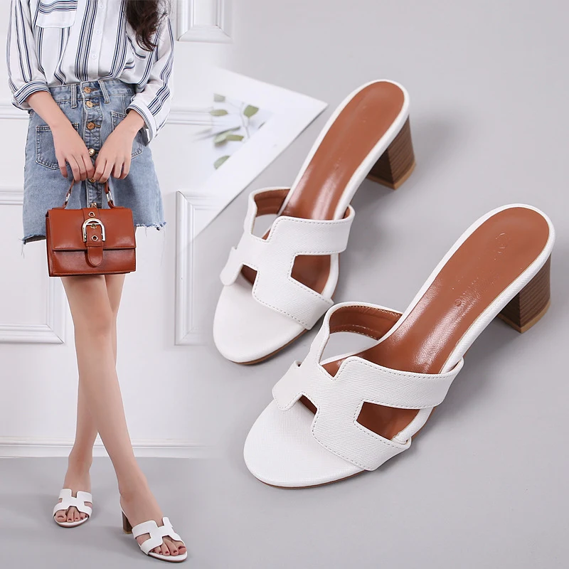 

2019 Women 5cm High Heels Slippers Luxury Design Sandals Lady White Mules Pumps Block Low Heel Summer Platform Shoes XZT-94