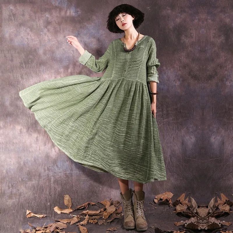 NINIWONDERLAND осеннее хлопковое льняное винтажное длинное платье для женщин с v-образным вырезом и длинным рукавом, свободные платья, весеннее Повседневное платье большого размера - Цвет: green