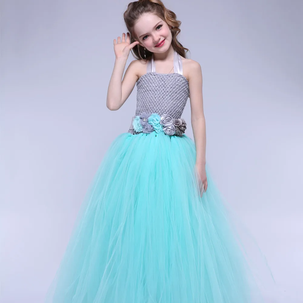 

Turquoise Flower Tutu Dress For Girls Party Ball Gown Dress Children Wedding Birthday Pageant Princess Dress Tulle Kids Clothes