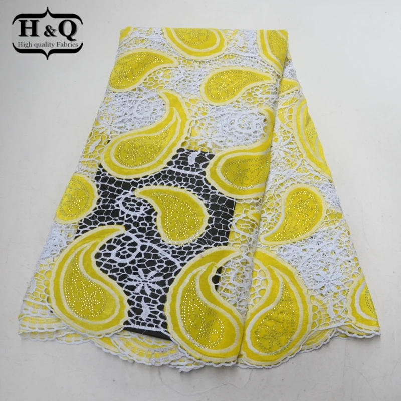 

H&Q French cord lace with Stone Milk Lace Fabric And Velvet Embroider high quality African lace fabric for Evening dress,Clothes