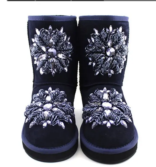 

women's fashion blue sheepskin snow boots with crystal decoration