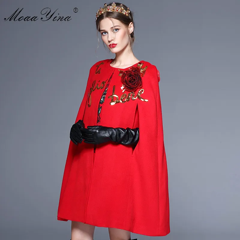 MoaaYina Мода Подиум плащ шерстяное пальто осень зима для женщин Роза аппликация блёстки 3 цвета элегантный кашемир согреться пальто - Цвет: Красный