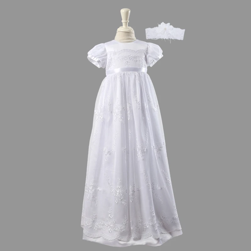 Infant Newborn Baby Baptism Dress Over-length Embroidery Lace Christening Gown