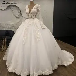 Бальное платье с длинным рукавом, свадебные платья 2019, кружевная Цветочная аппликация, пышная юбка принцессы, садовое свадебное платье