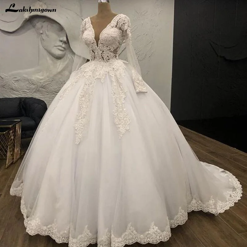 

Long Sleeve Ball Gown Wedding Dresses 2019 Lace Floral Applique Puffy Skirt Princess Garden Bridal Wedding Gown Vestido De Noiva