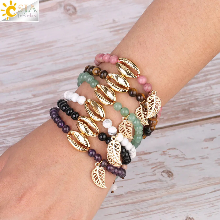 

CSJA 10 Colors Gems Beads Bracelet 6mm Natural Stone Crystal Beaded Metallic Sea Shell Charms Statement Bracelets for Women S352