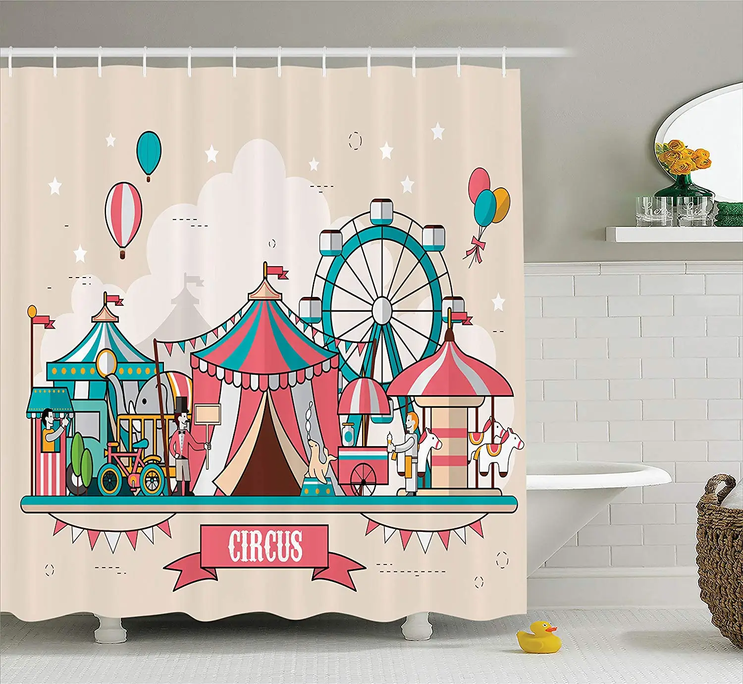 

Circus Decor Shower CurtaIn Circus Facilities Scenery In Flat Design Style Balloons Children At Park Illustration Bathroom
