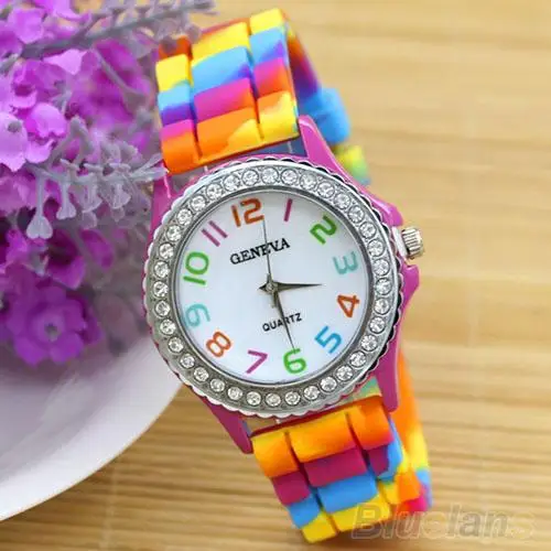 

2018 Popular Brand Women's Rhinestone Inlaid Rainbow Color Silicone Band Quartz Wrist Watch