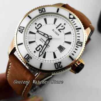 

43mm Bliger Rose Gold Case White Dial Leather Automatic Movement Men's Watch