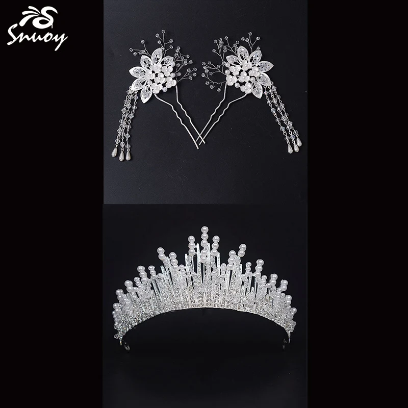 Snuoy Новая мода свадебная тиара и цветок палочки для волос для невесты ледяная Корона шикарные свадебные украшения для волос женские аксессуары - Окраска металла: hair sticks tiara