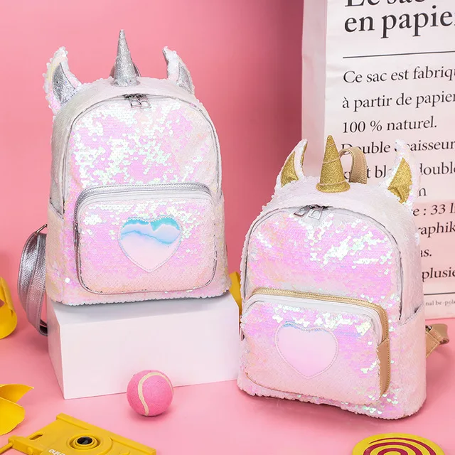 Rdywbu 2 lentejuelas unicornio Mochila de moda brillo libro de la Escuela de chicas lindo holograma láser de cuero de la PU de viaje Mochila B616