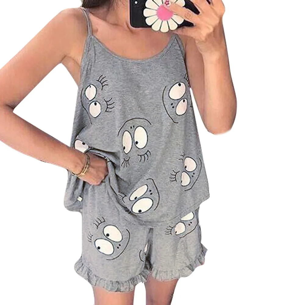 

Fashion 2Pcs Sleeveless Camisole Tops Short Pants Cartoon Print Homewear Solid Tank And Shorts Set Conjuntos De Mujer #CE25