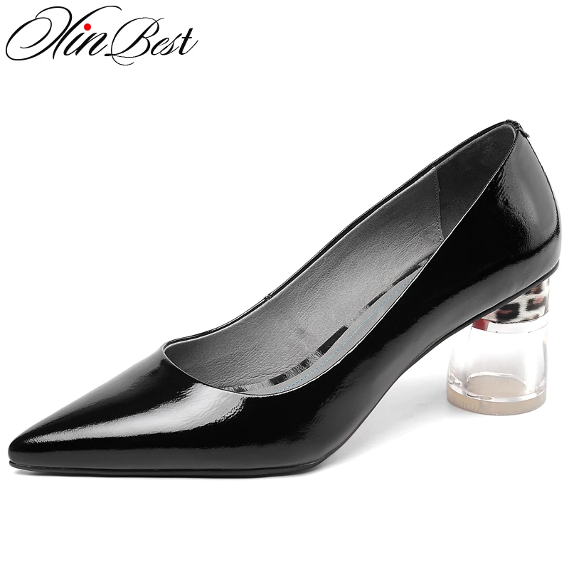 

Xinbest Sexy Crystal Heel Women Pumps Pointed Toe Square heel High Heels Women Shoes Party Dress Natural Leather Basic Pumps
