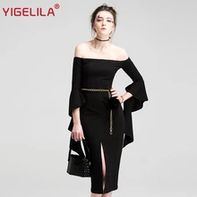 YIGELILA, женское черное облегающее платье, модное, сексуальное, с вырезом лодочкой, с открытыми плечами, с рукавом-бабочкой, однотонное, тонкое, средней длины, платье 61387