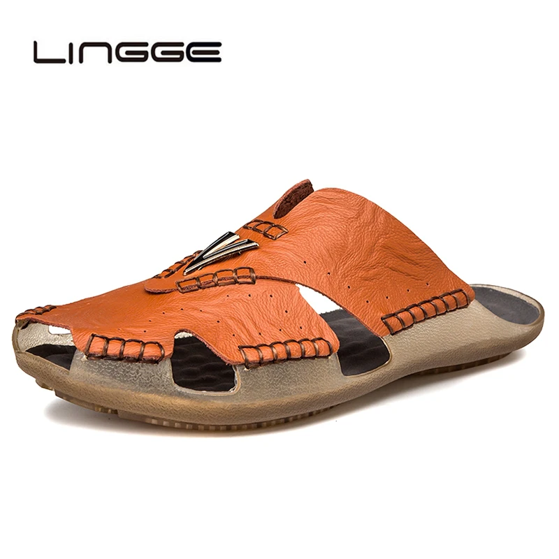 LINGGE Men Soft Leather Sandals Classic Roman Sandals Casual Comfortable Shoes Summer Outdoor Beach Man Sandals 38-48