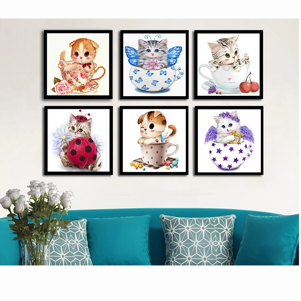 

6 Styles Factory Sales Diamond Embroidery Cup Cats Cartoon Animals Diamond Painting Cross Stitch Wall Stickers Moasic Painting