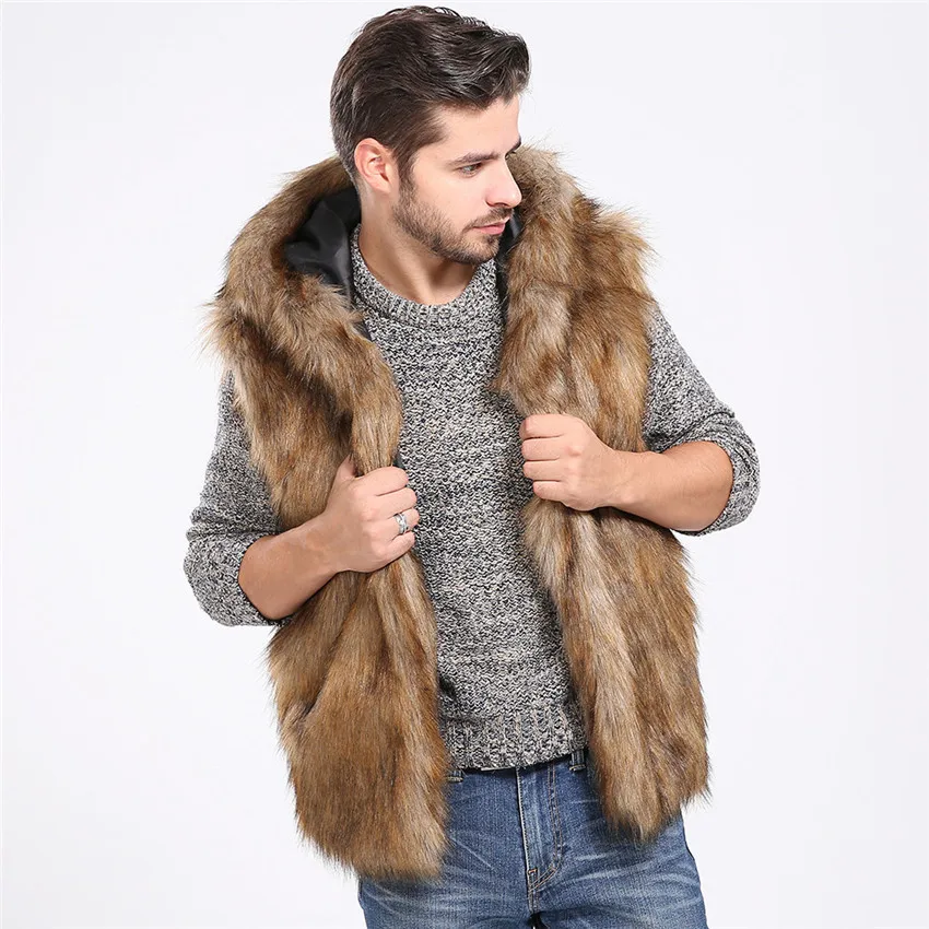 Khaki Sleeveless Vest Jacket Men Faux Fur Winter Body Warm Coat Hooded