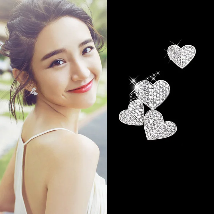 

New 2019 S925 Silver Pin Earrings Zircon Sweet Heart Asymmetrical Earrings For Women