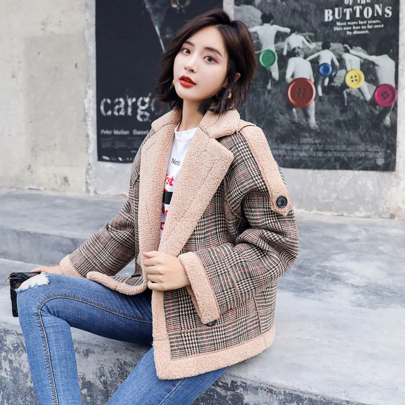 New Lamb Cashmere Coats Women Fur Plaid Coat Casual Outerwear Women Tweed Winter Coats