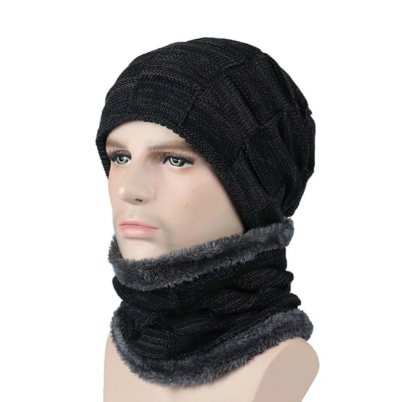 

Mens Winter Knitted Beanie Hat Scarf Suit set skullies beanies Skull Outdoor Warm Baggy Cap Thick Hats Suit 2019