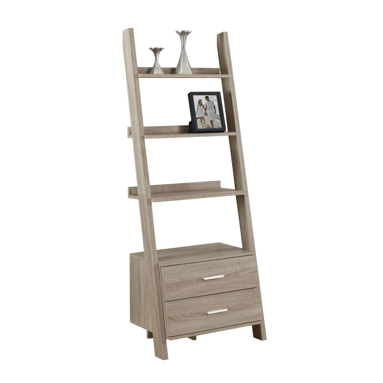 BOOKCASE - 69H, DARK TAUPE LADDER W/ 2 STORAGE DRAWERS