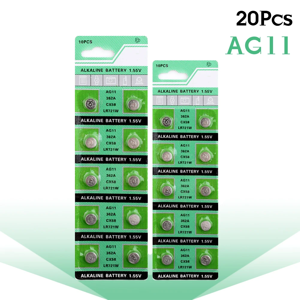 

YCDC 20pcs Ag11 Alkaline Battery 1.55V Button Coin Cell Watch Battery 19 162 361 362 423 532 601 D361 D362 GP62 LR721 Bateria