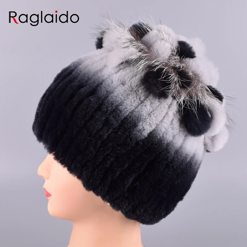 

Raglaido Rabbit Hat Women's Beanies hand Sewing Real fur Winter Hats Cap with fox fur luxury Floral Russian Snow Hat LQ11216
