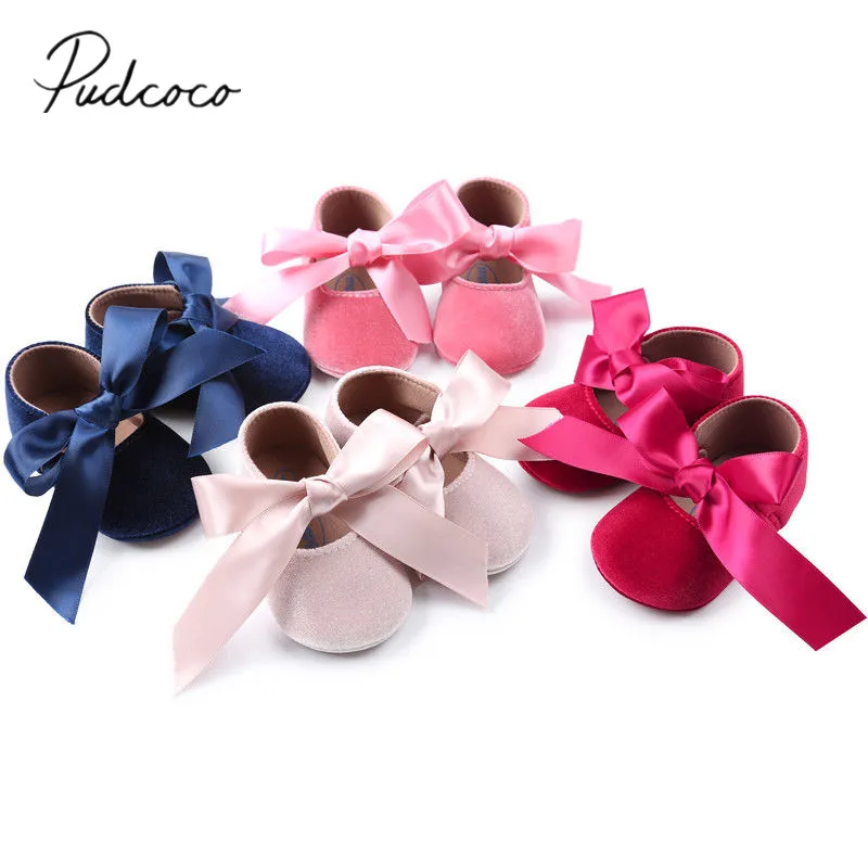 

2018 Brand New Infant Newborn Baby Kids Girls Sneaker Party Solid Shoes Toddler Flannel Pricness Casual Shoes Bow First Walkers
