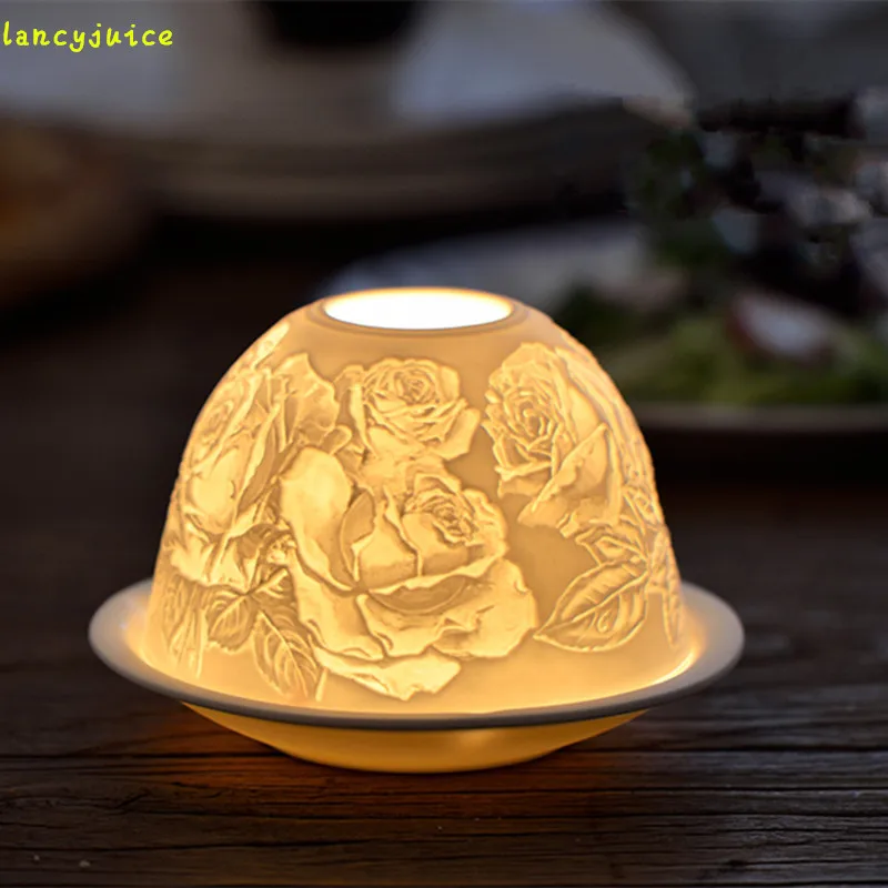 Rose embossed flower ceramic candle holder Fine bone china matt frost