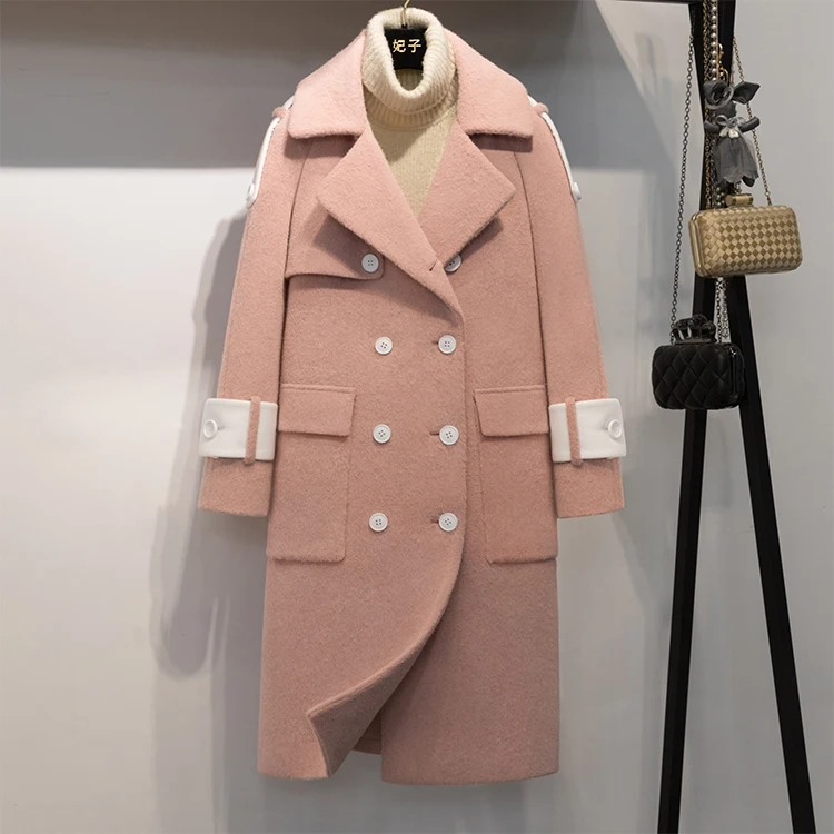Корейское розовое элегантное пальто длинное пальто с большими карманами Ретро шерстяная куртка для женщин с широкой талией двубортное зимнее женское пальто