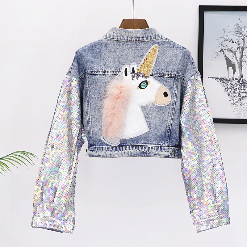 

2018 Fashion Design Punk Style Women Autumn Jacket Coat Sequins Sleeve New Women Denim Long Jacket Coat Crop Tops Denim Jacket