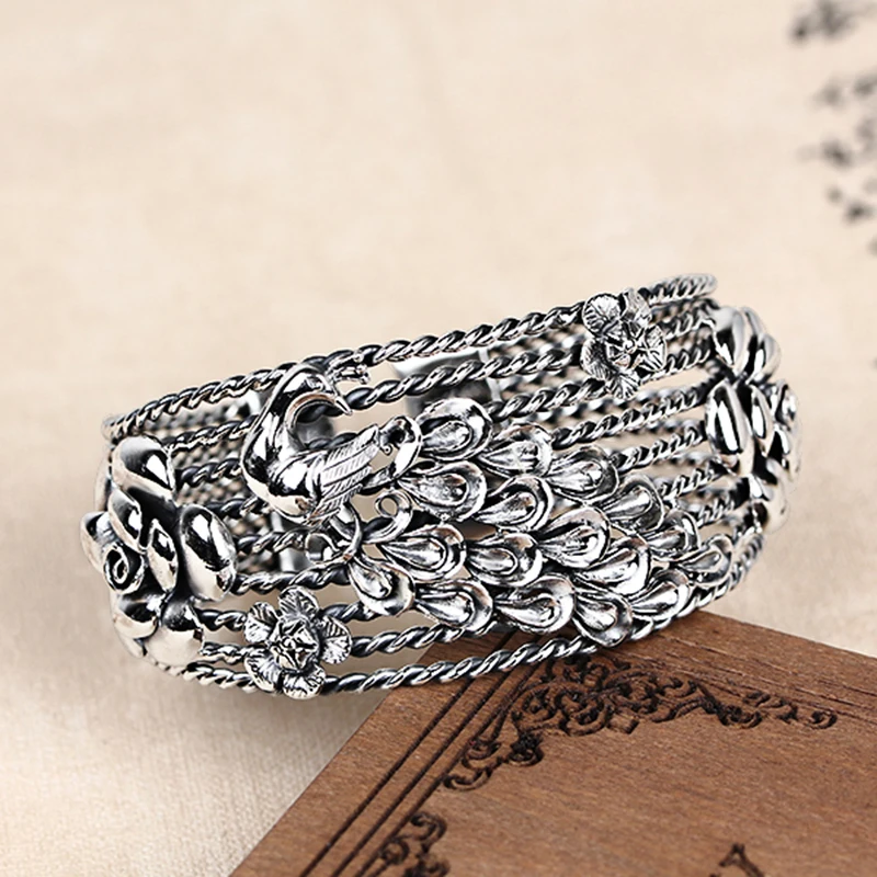 JIASHUNTAI Ретро 925 пробы серебряные браслеты для женщин Павлин Феникс цветок винтажные серебряные ювелирные изделия женские ручной работы открытие
