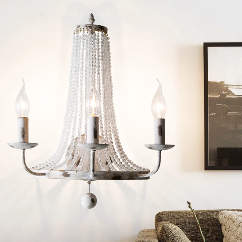 

American retro white double light wall lamp creative design iron body crystal ornaments LED E14 restaurant decoration lighting