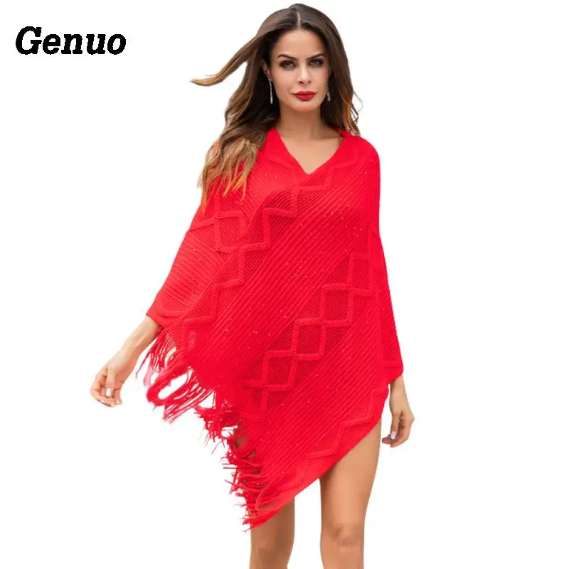 Genuo Women's Knitted Sweater Capes Elegant Sequin Tassel Knit Shawl Cloak Ladies Autumn Geometric Loose Poncho Sweater Pullover