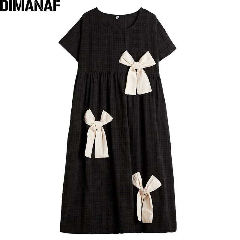 DIMANAF Plus Size Women Dress Summer Bowknot Cotton Linen Fashion Lady Vestidos Female Clothing Loose Casual Style Dress Black