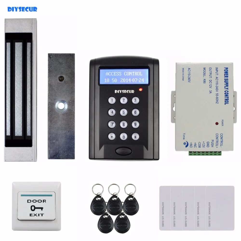 

DIYSECUR Door Bell Button LCD 125KHz RFID Reader Password Keypad + 180kg Magnetic Lock Access Control System Full Kit Set BC200