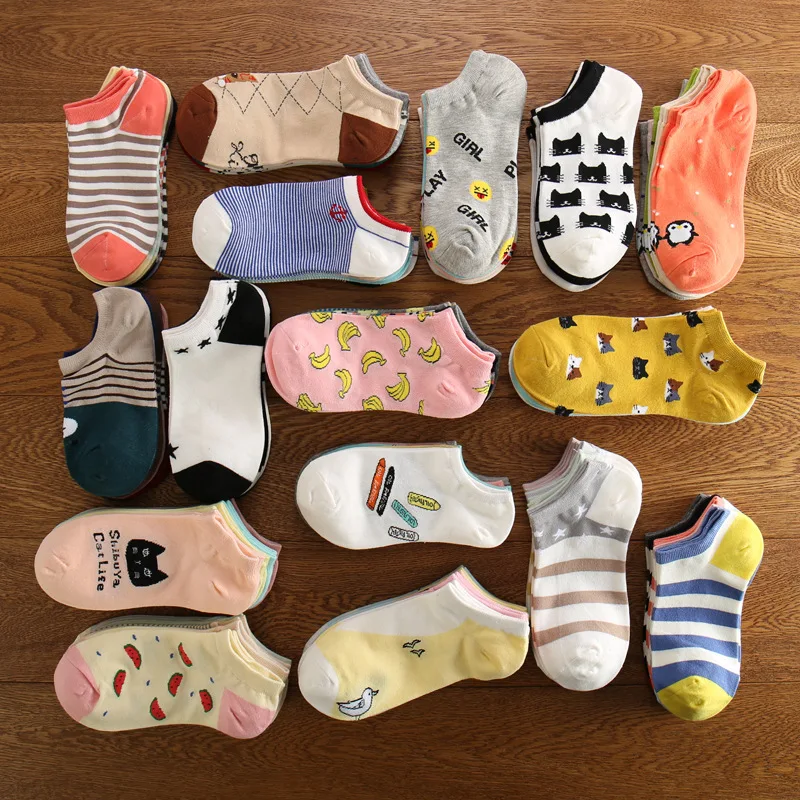 

5 Pairs Summer Women Socks Cotton Boat Short Cute Funny Carton Non-slip Socks for Women Harajuku