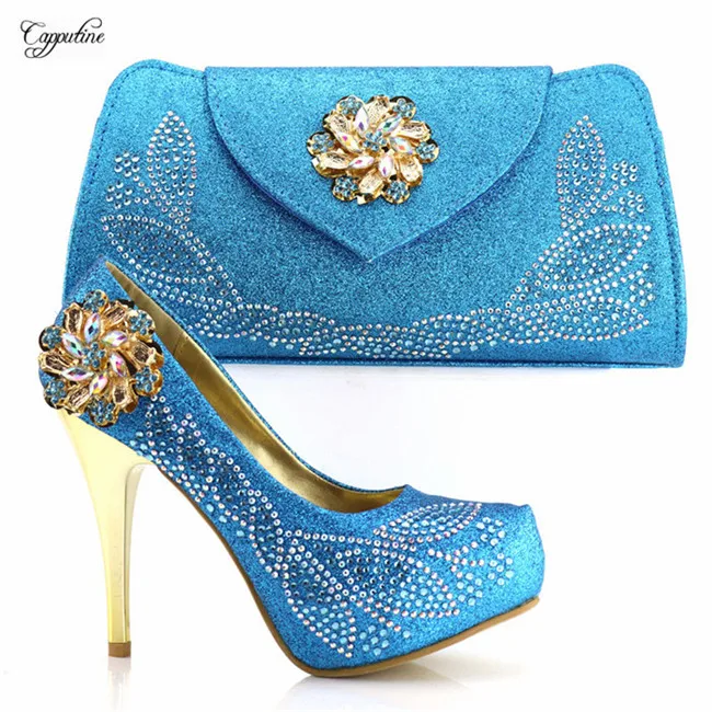 

Wonderful sky blue design with stones thin high heel shoes and purse handbag set for party 8886-2, heel height 12cm