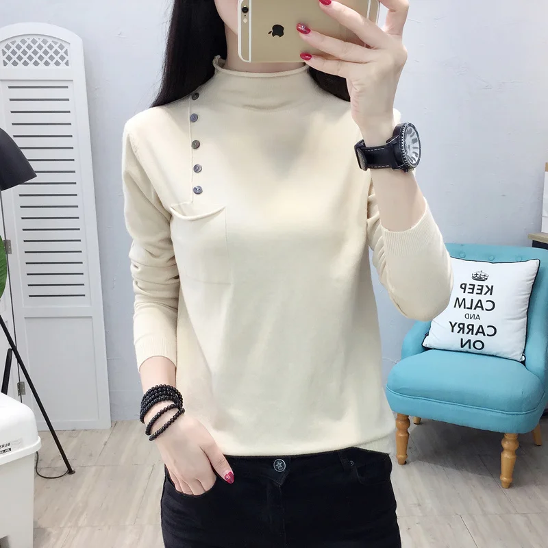 

Sweater female 2018 new autumn winter sweater slim all-match elastic button knit Fashion slim sweaters NS4124